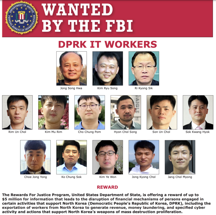 Cartel de buscados del FBI que muestra a trabajadores de TI de la RPDC, a través de PCMag