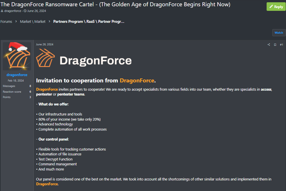 Publicación de reclutamiento de DragonForce RaaS en foro clandestino, a través de Specops