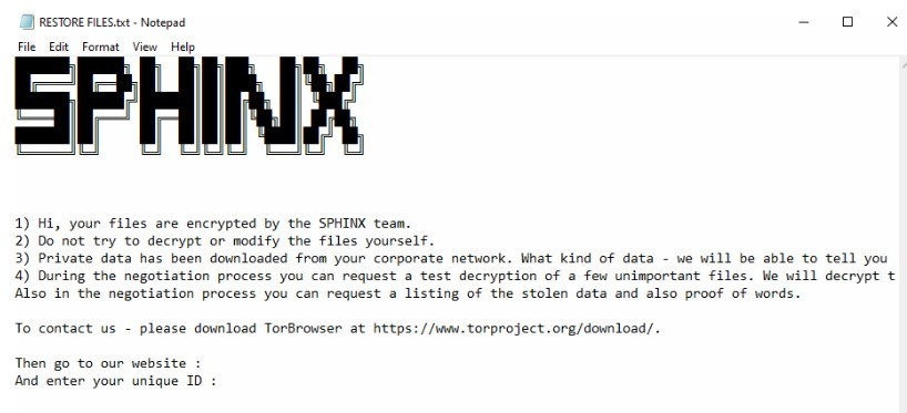 Nota de rescate de Sphinx, a través de Trend Micro