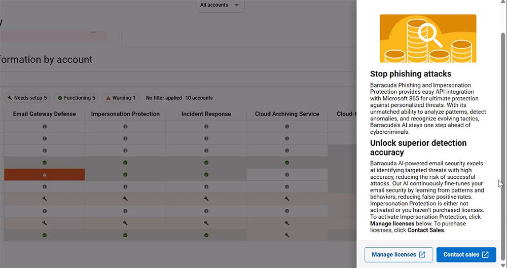 Vista del panel de control de la alerta de falta de licencia de Email Gateway Defense (izquierda) y las opciones de licencia disponibles para los MSP (derecha). Los clientes que no son MSP tendrían la opción de iniciar una prueba gratuita en esta función.