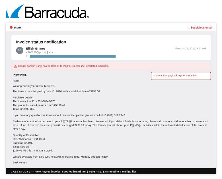 Fake PayPal invoice used in callback phishing attack