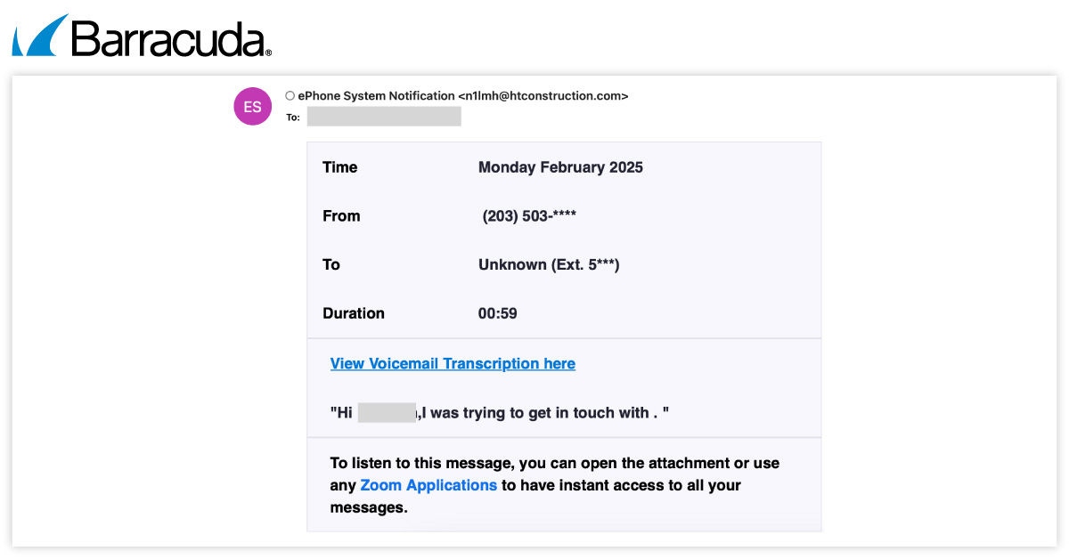 Example voicemail-based phishing