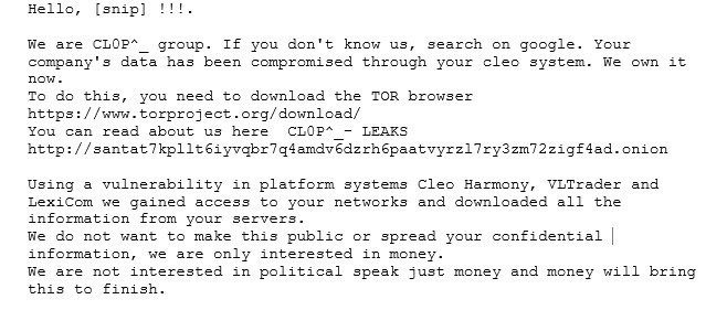 Extracto de la nota de rescate de Cl0p que hace referencia al software Cleo