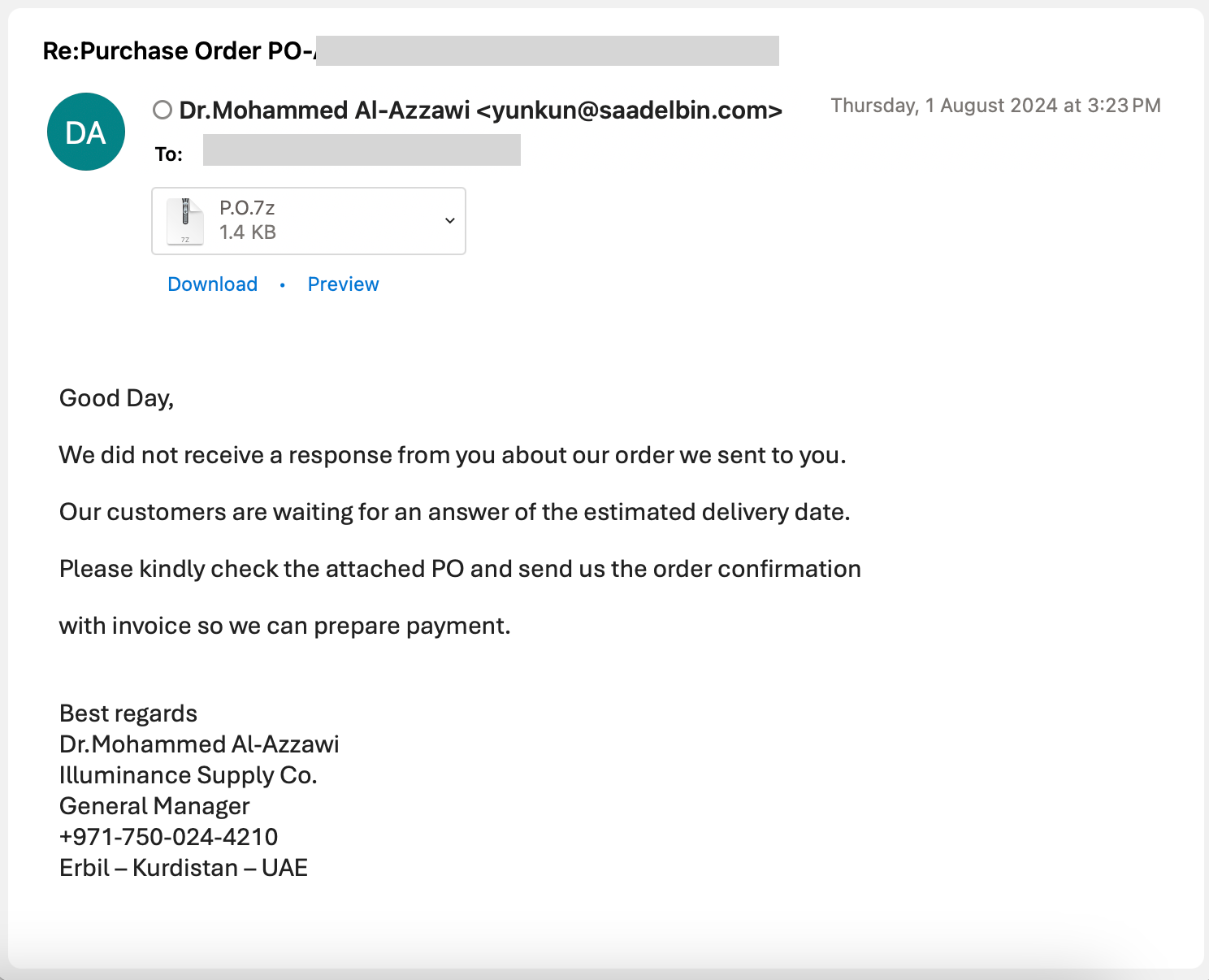 Phishing email example