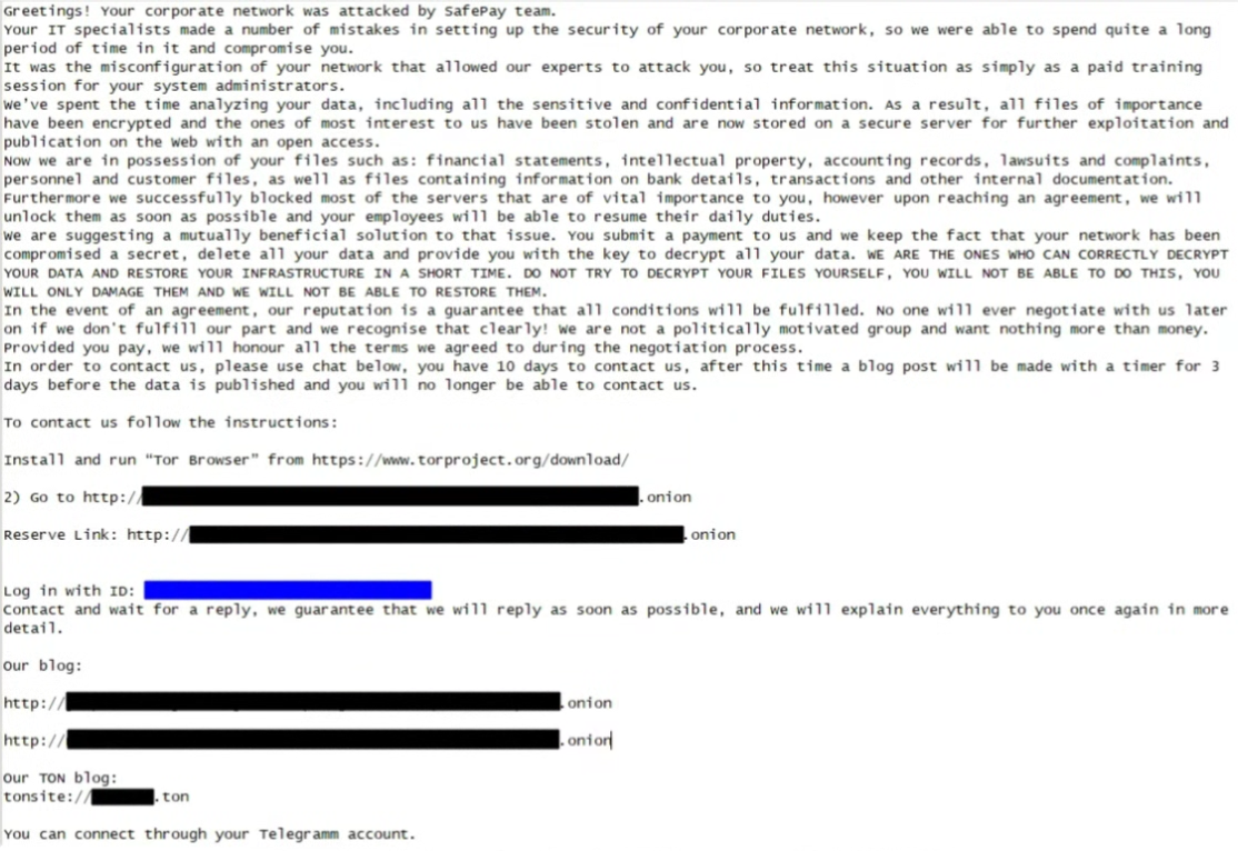 Nota de rescate de SafePay, a través de DCSO. 