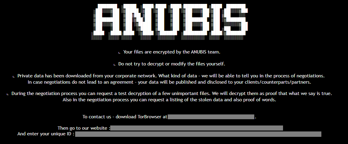 nota de rescate de Anubis, a través de Trend Micro