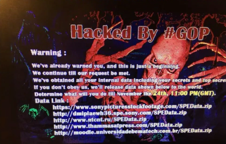 Una foto de una pantalla que muestra lo que aparentemente es la página de inicio con la calavera que apareció en los ordenadores de la empresa Sony cuando comenzó el ataque, publicada por alguien que dijo ser un ex empleado de Sony y que recibió la imagen de empleados de Sony. La imagen se publicó primero en Reddit. Vía Wired.