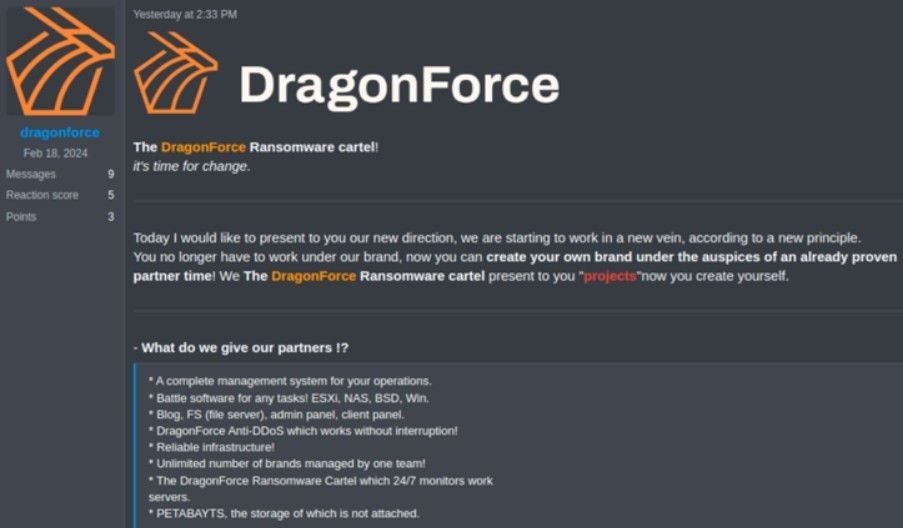 DragonForce se reposiciona como el Cartel de Ransomware de DragonForce e invita a otros a asociarse con ellos en varios proyectos. Vía Secureworks