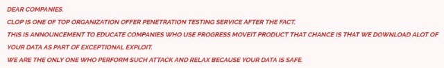 Publicación en el sitio de fugas de Cl0p haciendo referencia al software Progress MOVEit