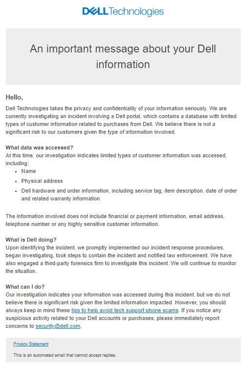 Dell email notification of data breach