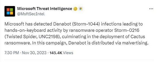 Microsoft Threat Intelligence post on Cactus