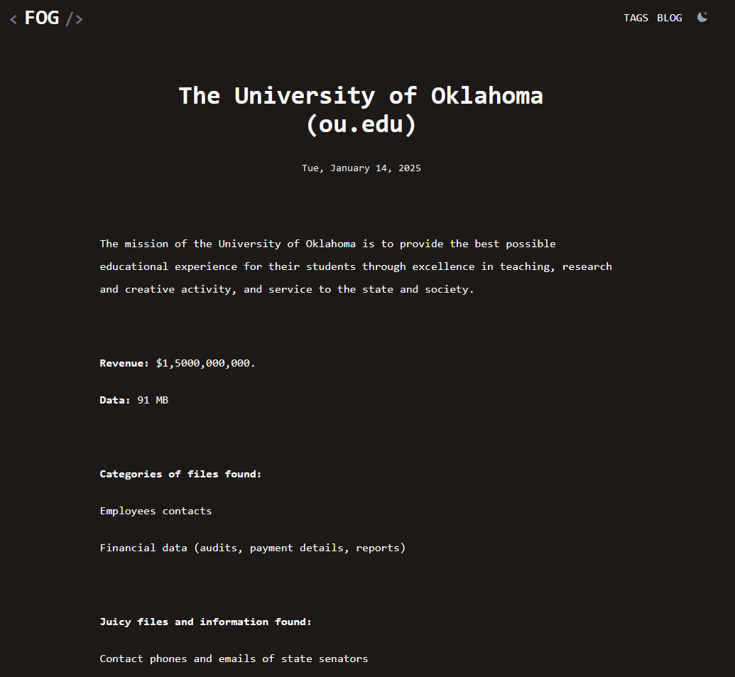 The University of Oklahoma appears on the Fog leak site, via DarkWebInformer