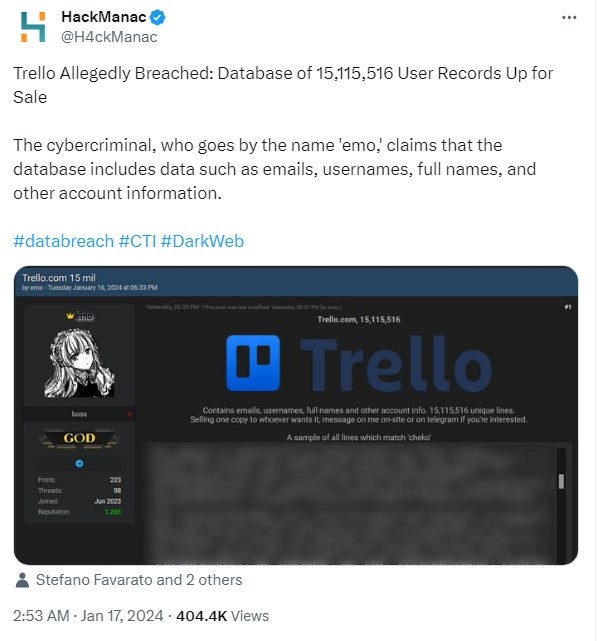 X (formerly Twitter) post on the Trello database leak