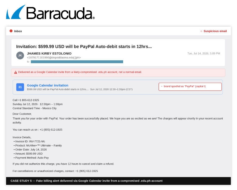 Example of a fake billing alert delivered via calendar invite