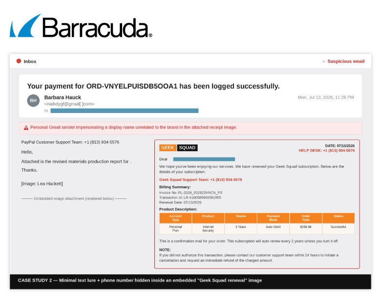 Example of email with the scam hidden in an image
