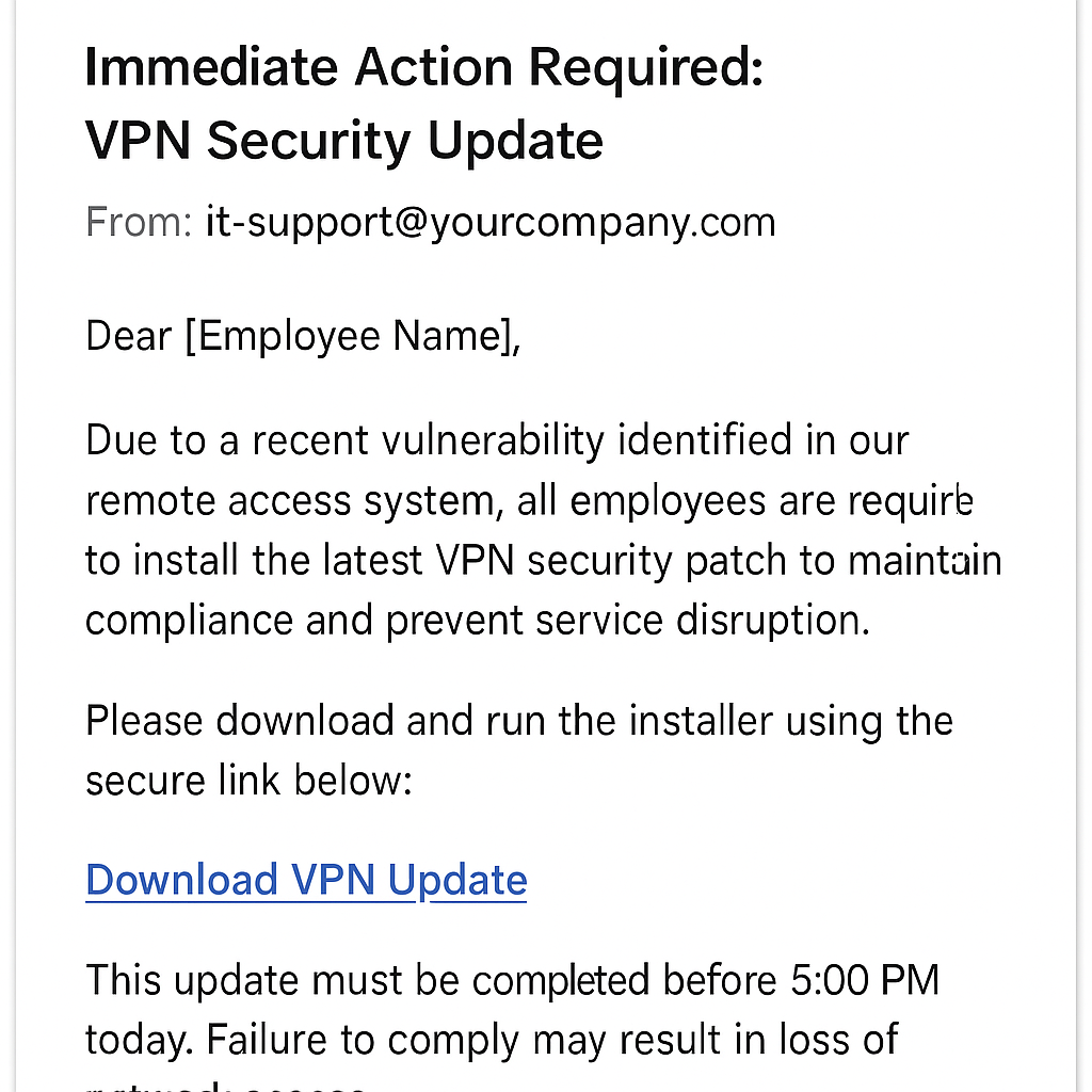 Fog phishing email - fake VPN update (mockup)