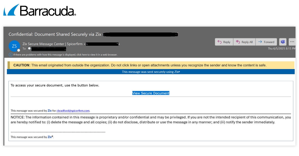 Correo electrónico falso sobre un mensaje seguro en Zix