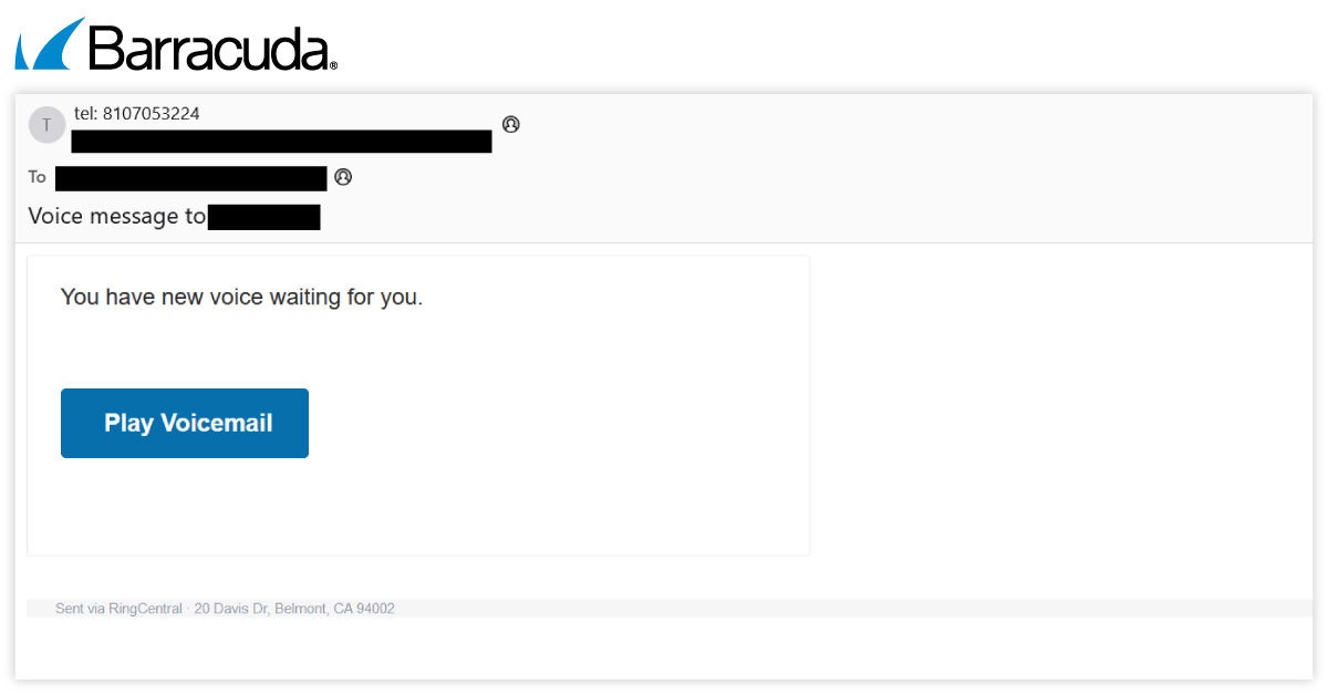 Correo electrónico de phishing que suplanta una notificación de buzón de voz de RingCentral