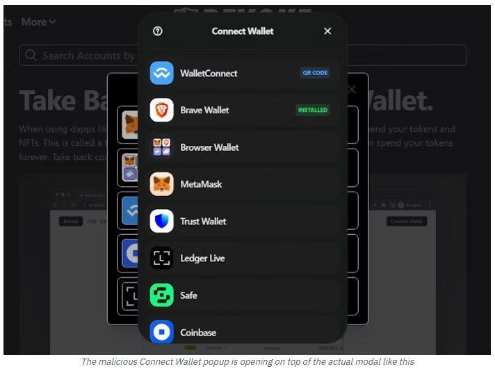 Illustración - ventana emergente de drainer de monedero de criptomonedas diseñada para robar activos del monedero de un visitante