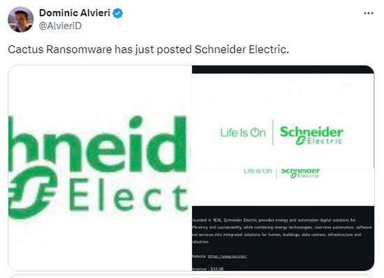 Schneider Electric listed on Cactus ransomware leak site