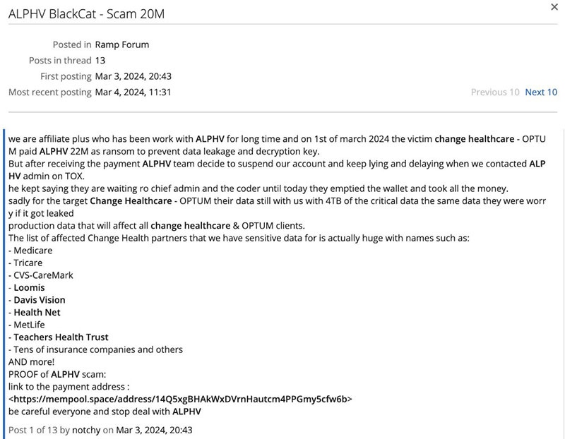 ALPHV affiliate posts details of ransom 