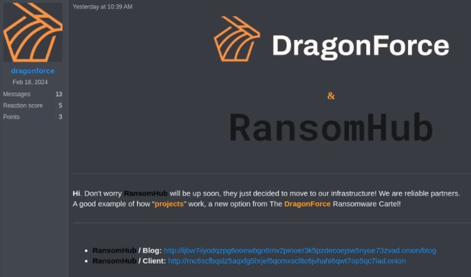 DragonForce anuncia que RansomHub se ha unido al cartel, a través de Guidepoint Security