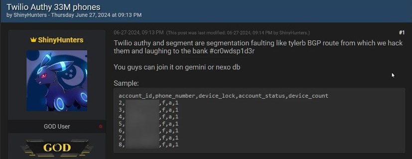 ShinyHunters sharing Twilio Authy data on a hacking forum
