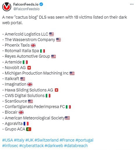 Cactus ransomware lists new victims