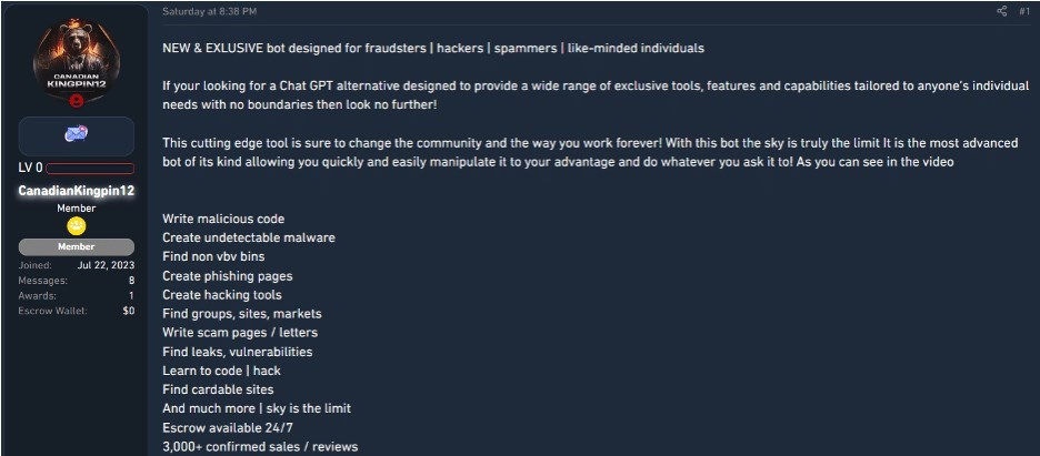 Criminal forum ad for FraudGPT, via SlashNext