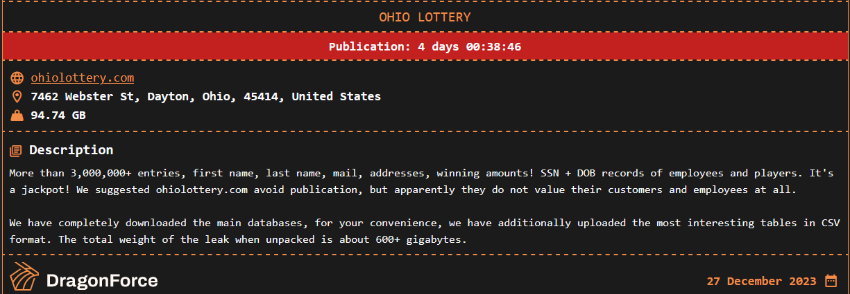 La Lotería de Ohio se publica en el sitio de filtraciones DragonForce, a través de FalconFeeds.