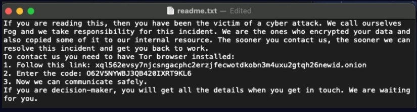 Fog ransom note, via SocRadar
