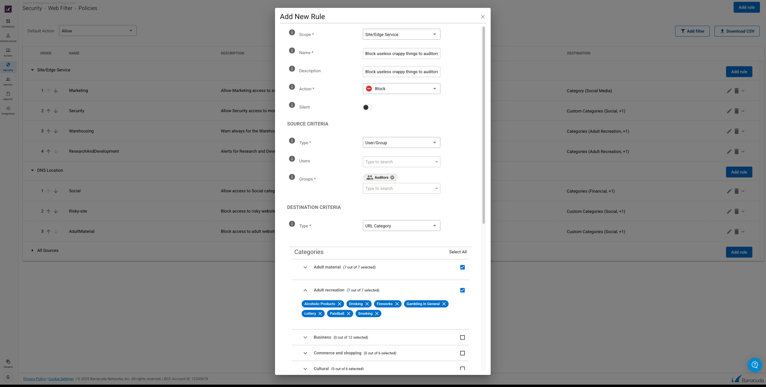 Interfaz de nueva regla de Barracuda Web Filter