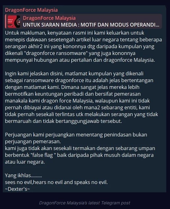 DragonForce Malasia publicación oficial del canal de Telegram sobre DragonForce Ransomware, a través de SOCRadar